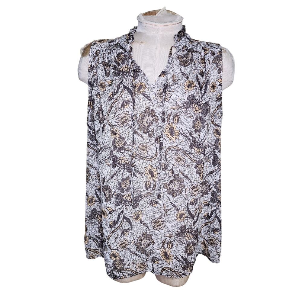 Joie Size L Floral Metallic V-Neck Sleeveless Blouse Tank Top Brown